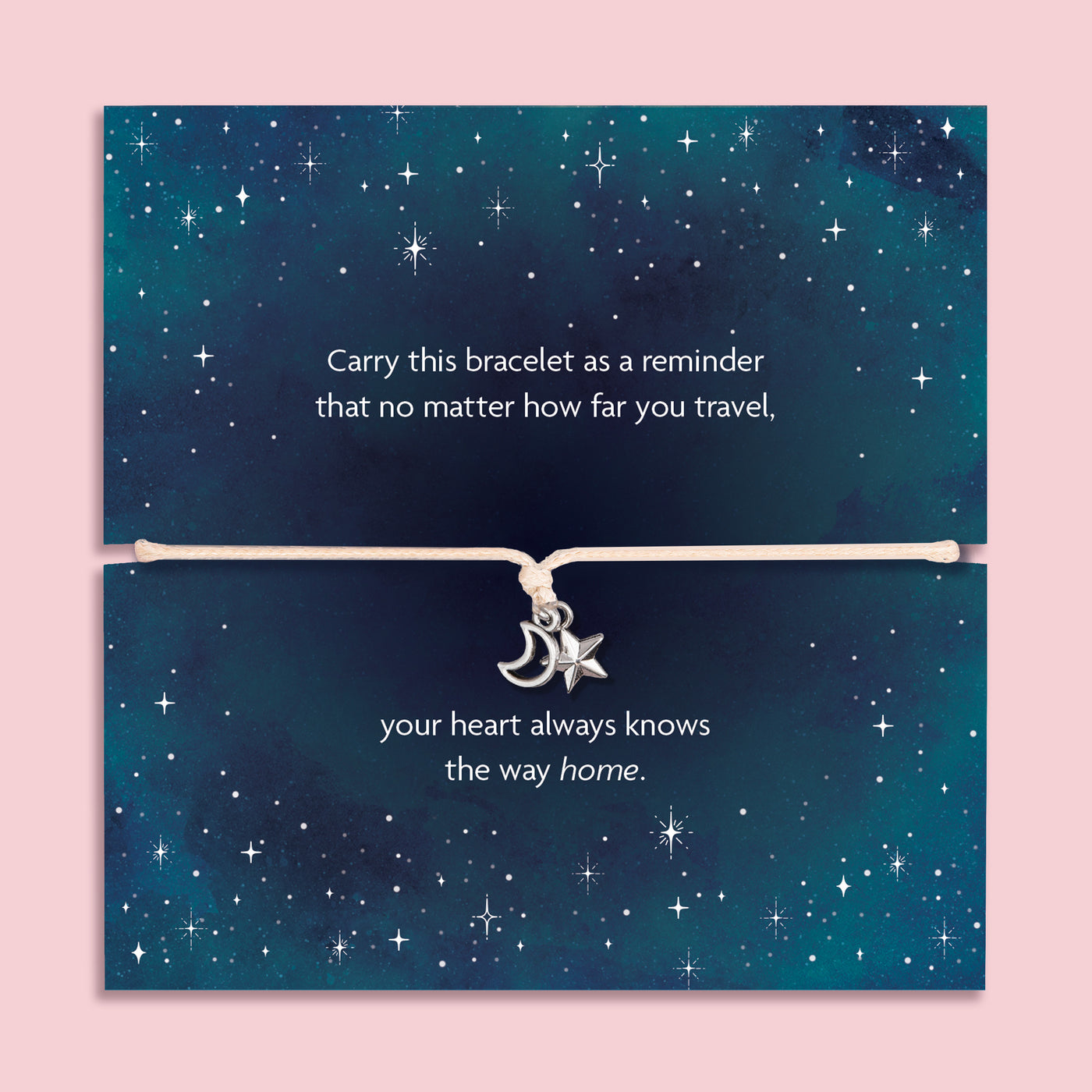 Moon and star bracelet featuring a silver-tone crescent moon and star charm on an adjustable cord, presented on a galaxy night sky card with the message “no matter how far you travel, your heart always knows the way home.” This celestial bracelet makes a meaningful travel gift, long distance friendship bracelet, or wanderlust jewellery keepsake. It’s a thoughtful gift for her, perfect for birthdays, farewells, graduations, or symbolic everyday wear.