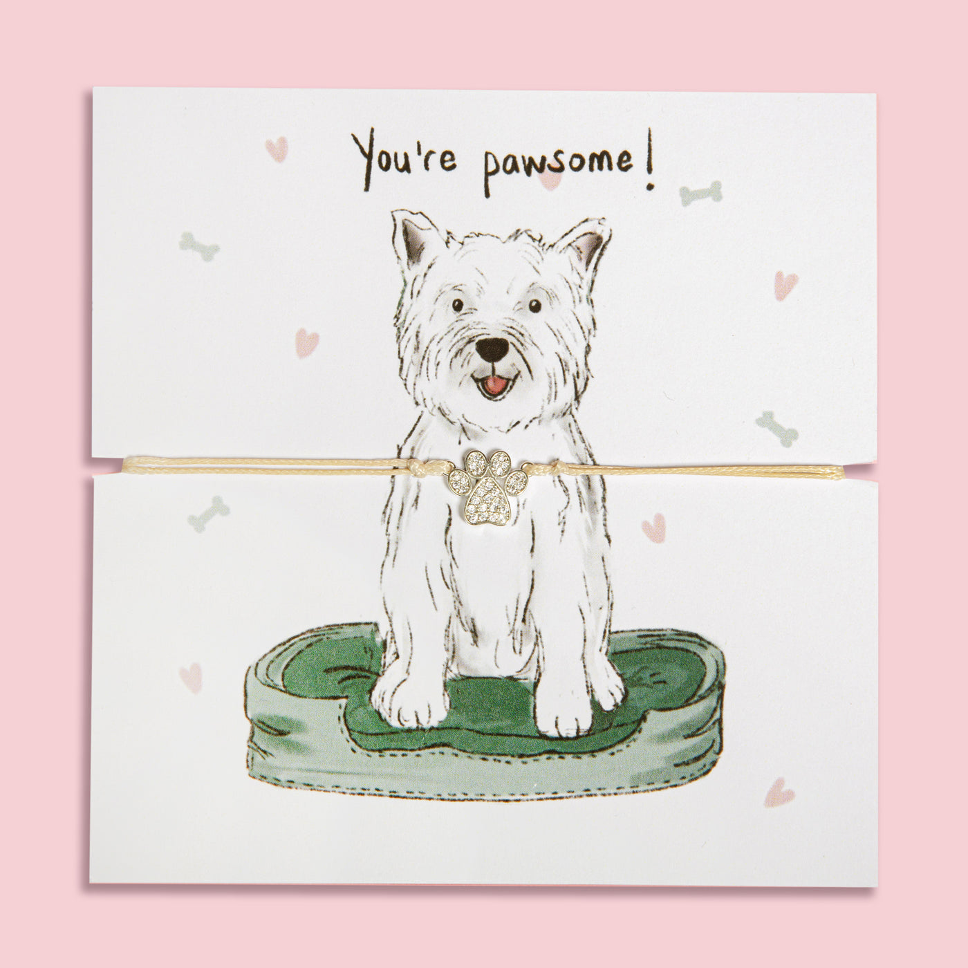 Paw print bracelet gift on illustrated card featuring a cute Westie and 'You're pawsome!' message – perfect jewellery gift for dog mums and Westie lovers.