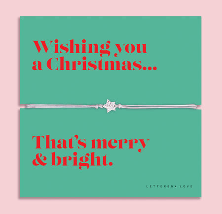 Merry & Bright Christmas star bracelet featuring a sparkling cubic zirconia star charm on an adjustable cord, presented on a vibrant green card with bold red text reading “Wishing you a Christmas that’s merry & bright.” Arrives beautifully gift wrapped. A festive Christmas jewellery gift, perfect as a stocking filler, Secret Santa surprise, or holiday keepsake for friends, family, or loved ones who love sparkle and cheer at Christmas.