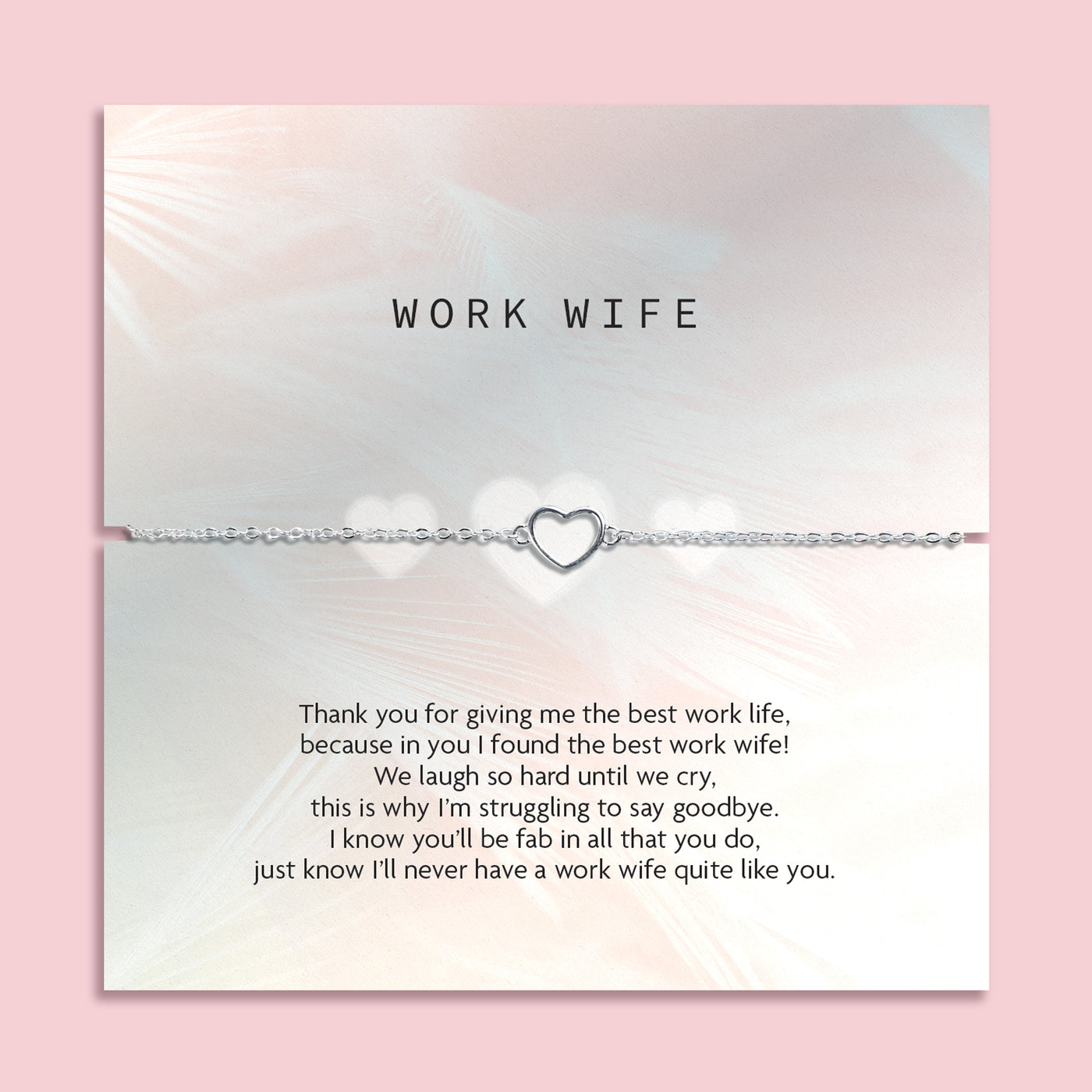 A grey poem card as a leaving gift for a colleague. The silver-plated heart bracelet in dainty around the poem card making a beautiful leaving gift for her