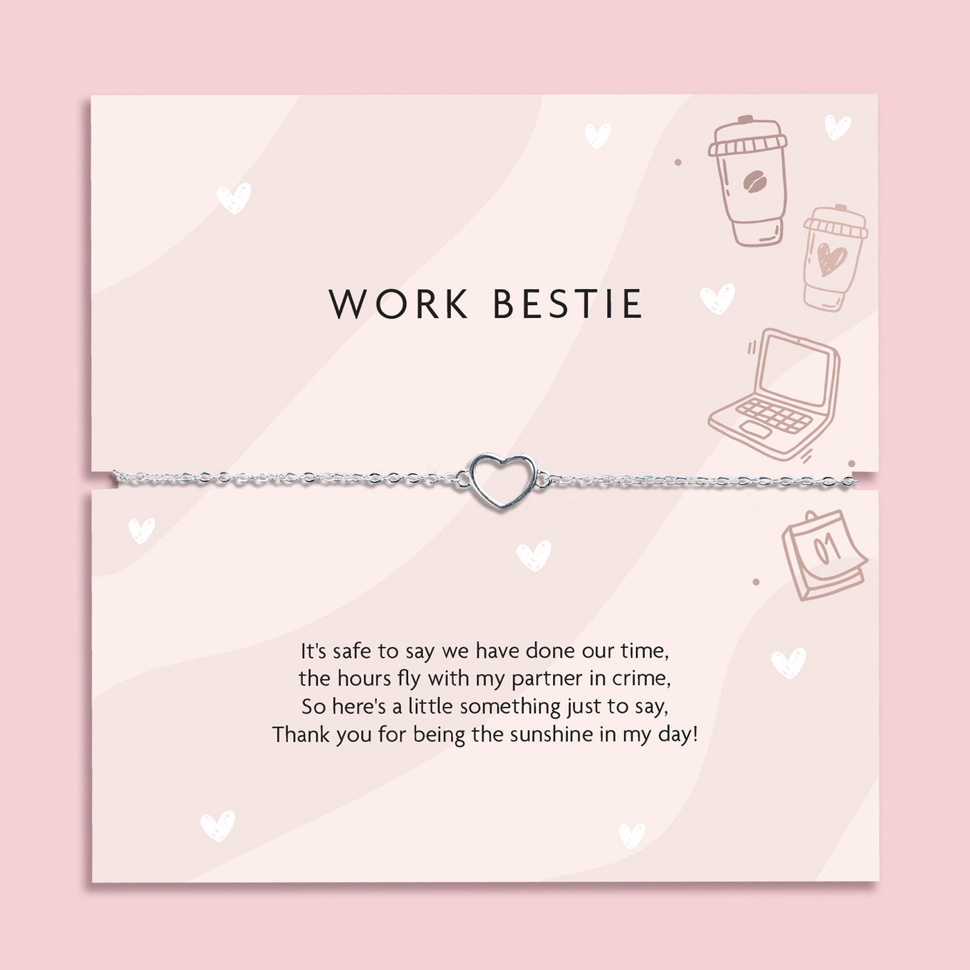 Silver heart charm bracelet on delicate chain displayed on “Work Bestie” message card with office illustrations, coworker friendship gift jewellery.
