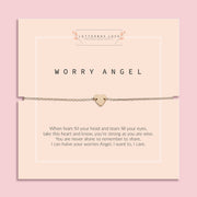 Gold heart-shaped bracelet on a pink card with 'Letterbox Love' branding and text. A Gift to help someone dealing with anxiety