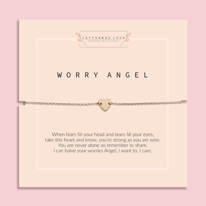 Gold heart-shaped bracelet on a pink card with 'Letterbox Love' branding and text. A Gift to help someone dealing with anxiety