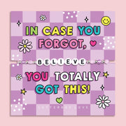 Purple chequered poem card with the bold text saying "You totally got this", with a beaded bracelet spelling the word "Believe". An ideal gift for a best friend.