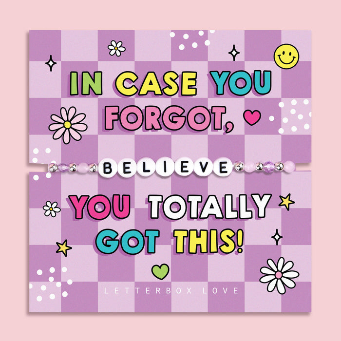 Purple chequered poem card with the bold text saying "You totally got this", with a beaded bracelet spelling the word "Believe". An ideal gift for a best friend.