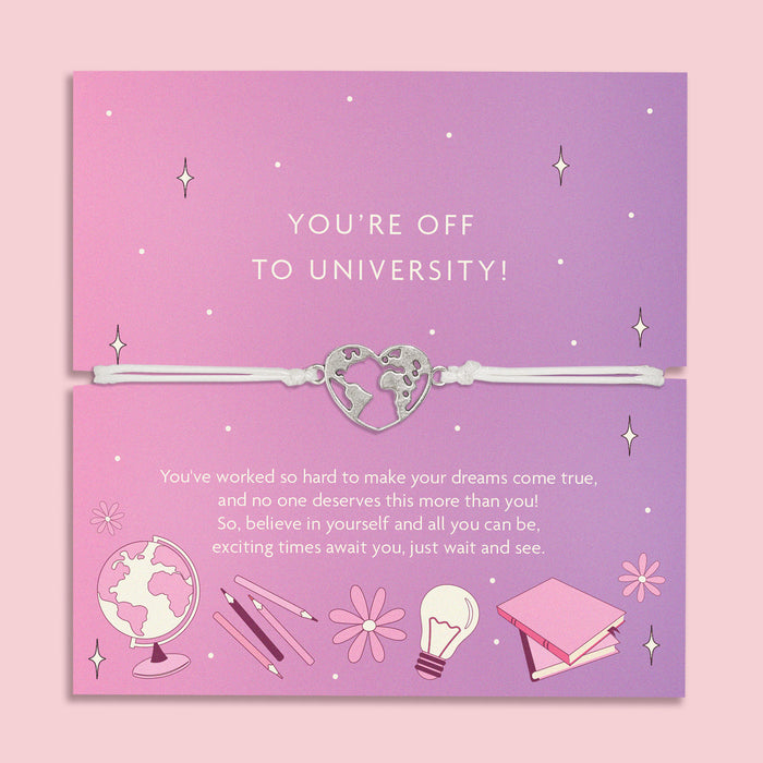 An adjustable bracelet featuring a heart charm with a world map design, displayed on a purple backing card with the message "You’re Off to University!" and an encouraging poem. Perfect for gifting to students and congratulations.