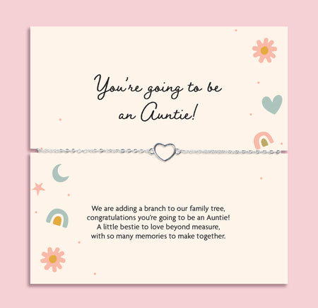 Silver plated heart bracelet displayed on a keepsake card reading 