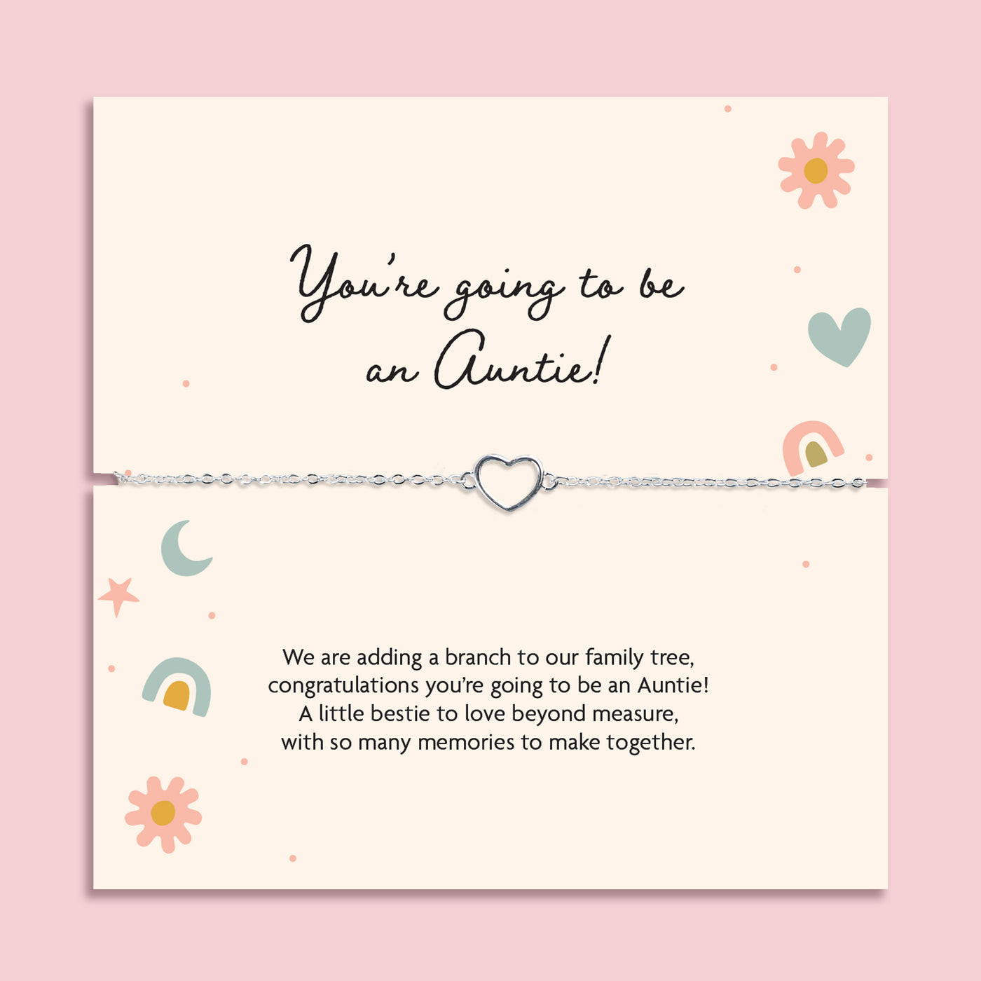 Silver plated heart bracelet displayed on a keepsake card reading 