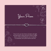 Prom bracelet with open heart charm on adjustable chain displayed on purple prom message card, keepsake gift for prom night