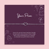 Prom bracelet with open heart charm on adjustable chain displayed on purple prom message card, keepsake gift for prom night