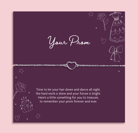 Prom bracelet with open heart charm on adjustable chain displayed on purple prom message card, keepsake gift for prom night