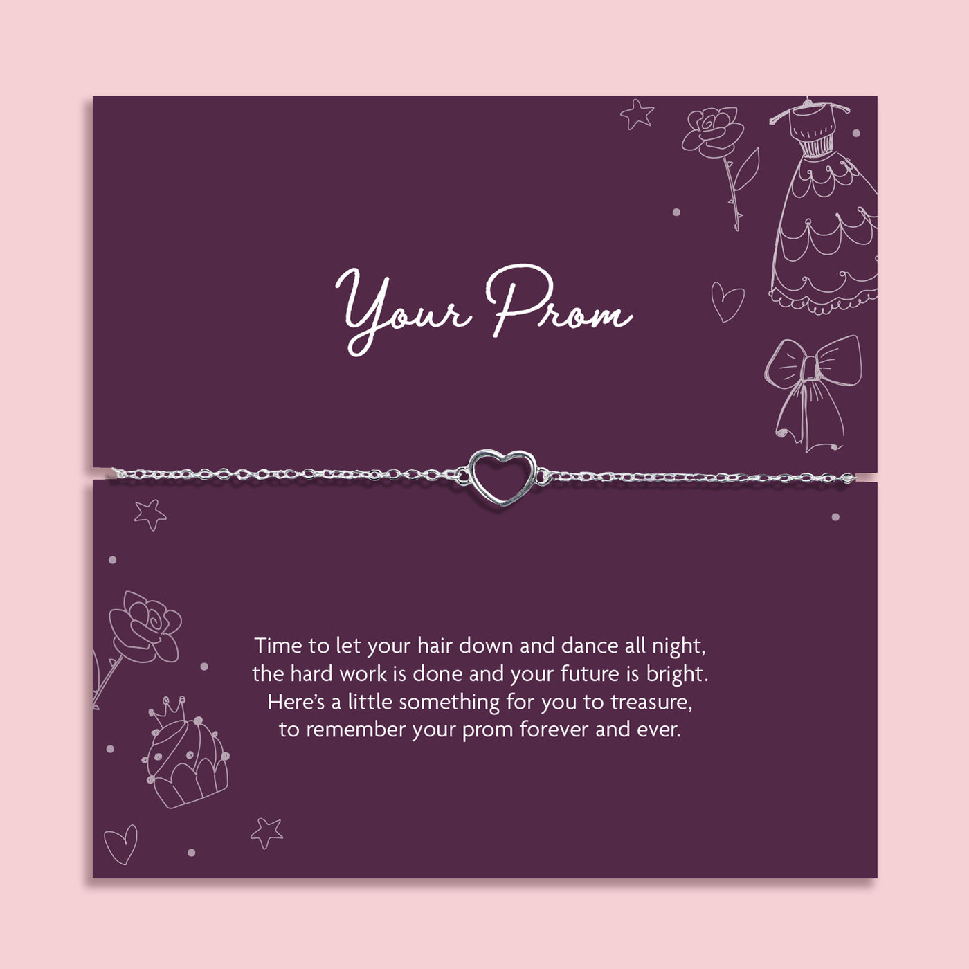Prom bracelet with open heart charm on adjustable chain displayed on purple prom message card, keepsake gift for prom night