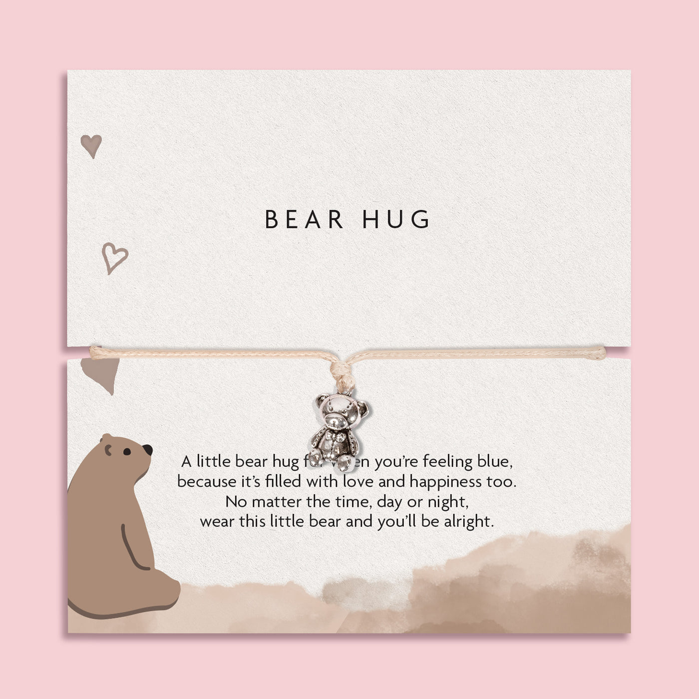BEAR HUG' bracelet featuring a cute silver bear charm, presented on a white card with a heartwarming message and an illustrated bear.