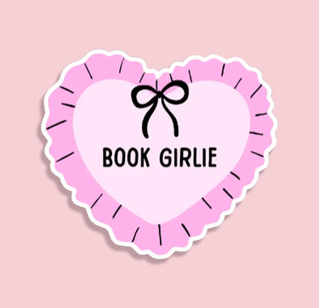 Heart-shaped sticker with 'BOOK GIRLIE' text and a bow on a pink background. Book aesthetic gift, book tok gift