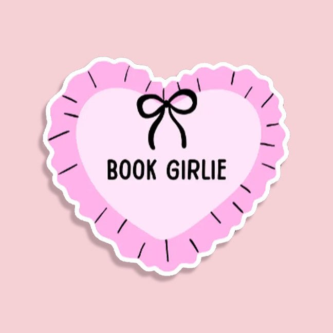 Heart-shaped sticker with 'BOOK GIRLIE' text and a bow on a pink background. Book aesthetic gift, book tok gift