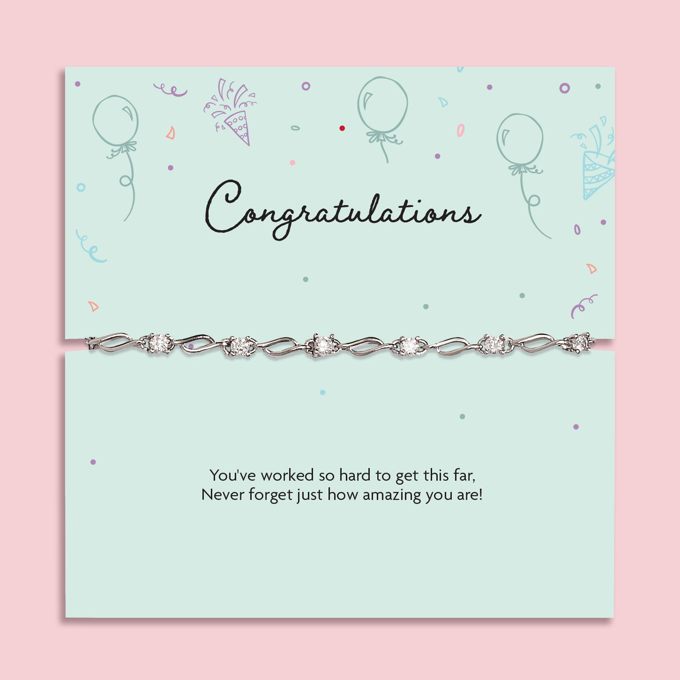 Silver plated congratulations bracelet with sparkling cubic zirconia detailing displayed on a mint-green sentiment card reading “Congratulations” and “You’ve worked so hard to get this far”, a graduation, exam results and achievement gift for her.