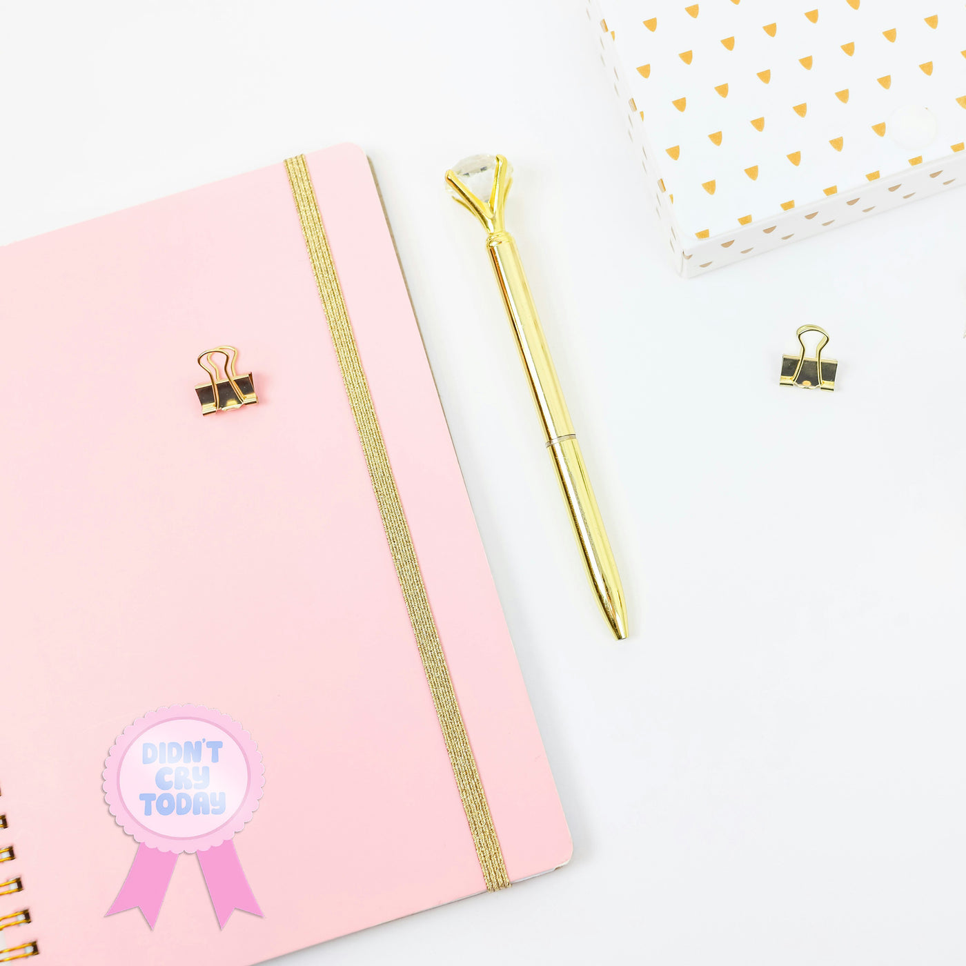 Pink notebook with gold accents and a gold pen on a white background with a 'didnt cry today sticker'