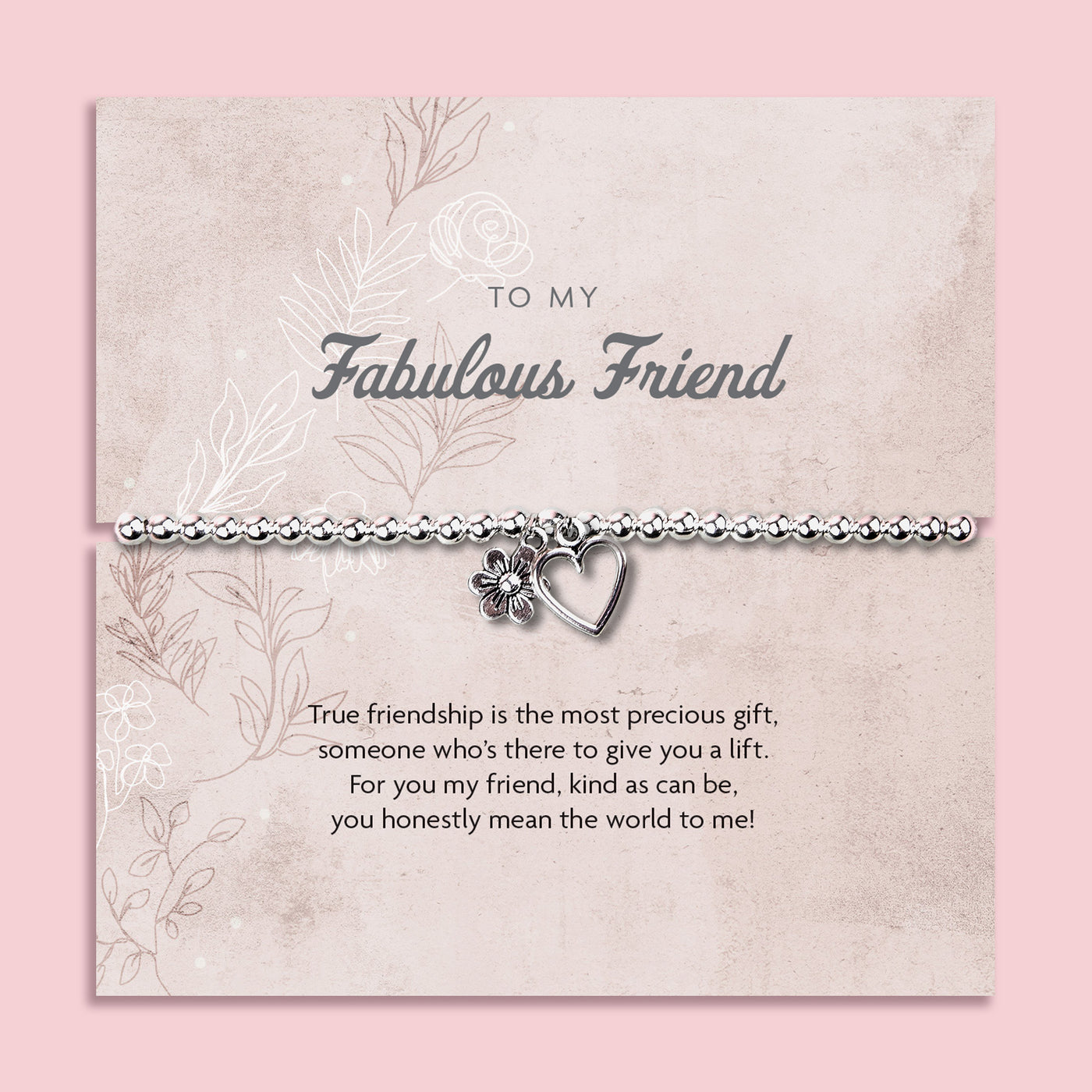 Silver beaded bracelet with heart and flower charms, displayed in a white gift box alongside a card titled 