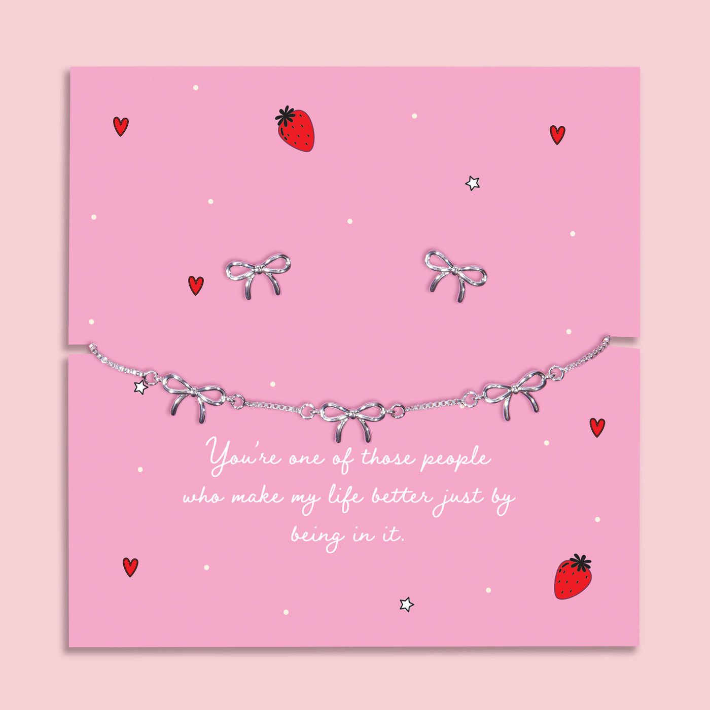 Silver-plated bow bracelet and earrings set, presented in a gift box with a heartfelt sentiment card that celebrates friendship and appreciation.