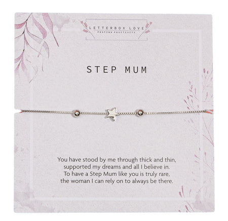 A gift card with a delicate silver chain bracelet featuring a star charm flanked by two small beads. The card is titled 'STEP MUM' in uppercase letters. A touching poem is printed below the bracelet, expressing gratitude and admiration for a stepmother's support and reliability