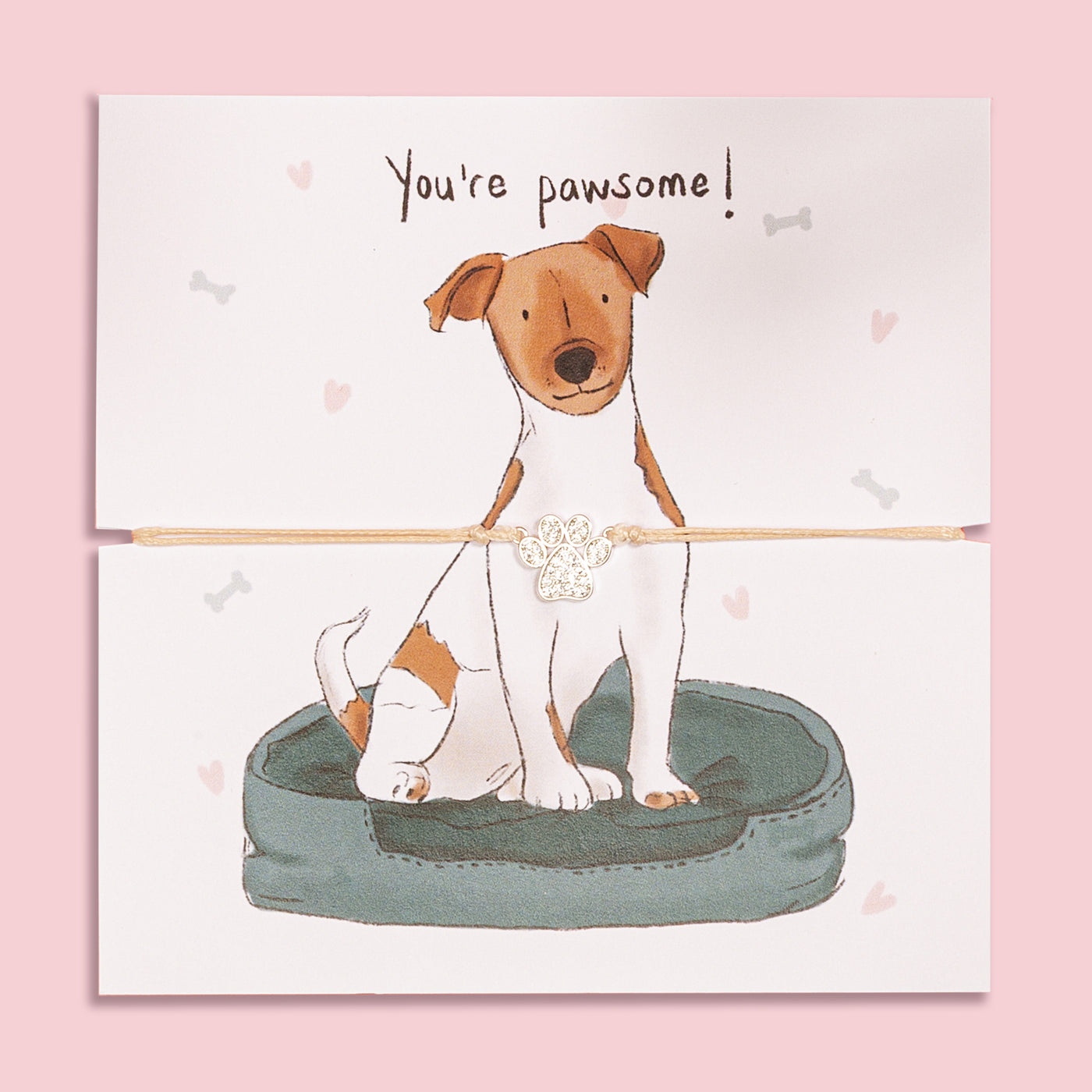 Paw print bracelet gift on illustrated card featuring a cute Jack Russell and 'You're pawsome!' message – perfect jewellery gift for dog mums and jack Russell lovers.