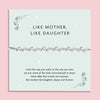 A pale pink background with a like mother like daughter poem card and silver-plated vine bracelet. A meaningful stocking filler for a daughter