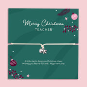 Merry Christmas Teacher bracelet with silver heart and star charms on festive sentiment card