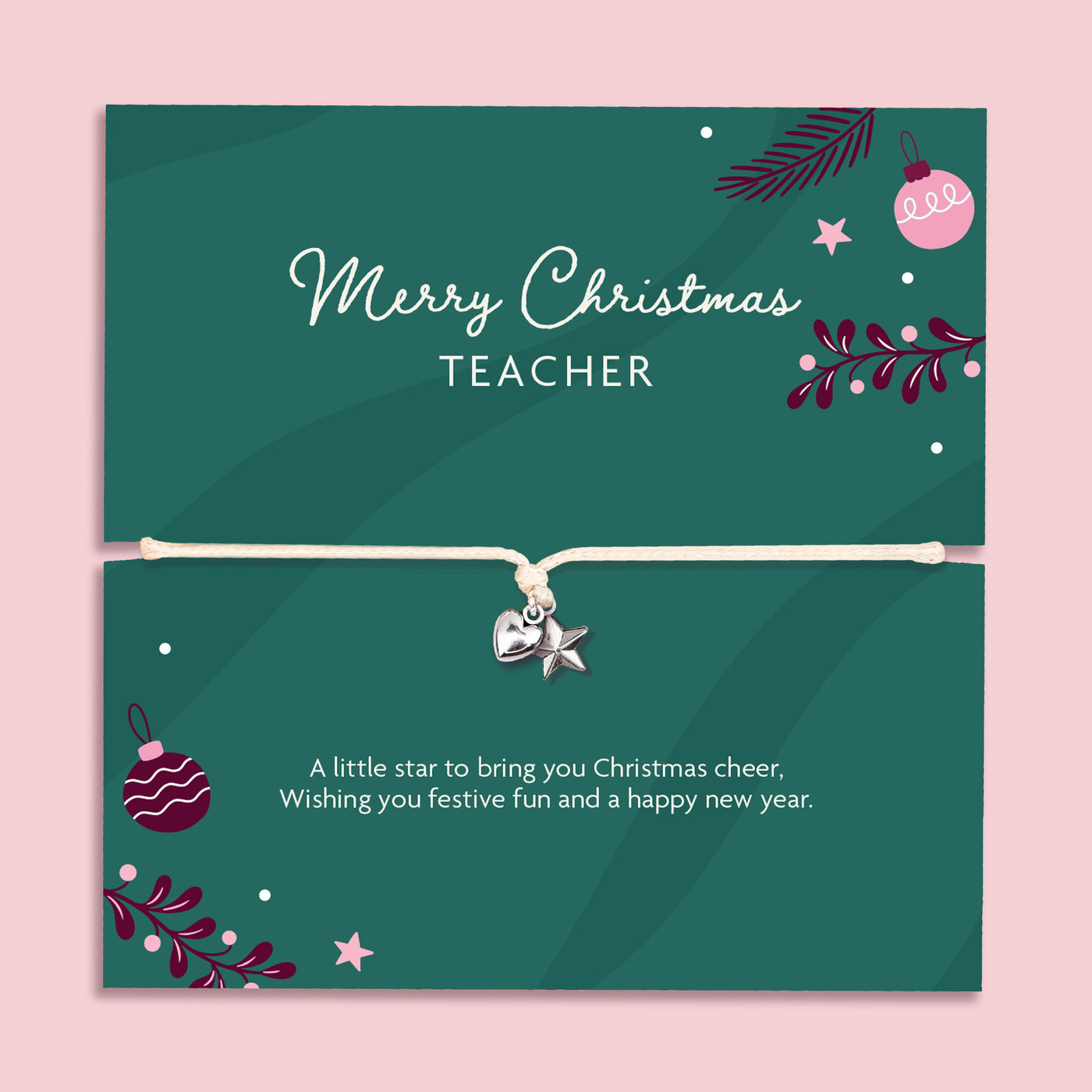 Merry Christmas Teacher bracelet with silver heart and star charms on festive sentiment card