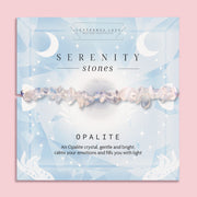 An Opalite crystal chip bracelet with smooth opalite beads on a celestial-themed card, offering good energy, calmness, and emotional healing. Perfect gift for mindfulness, spiritual wellness, and crystal healing enthusiasts