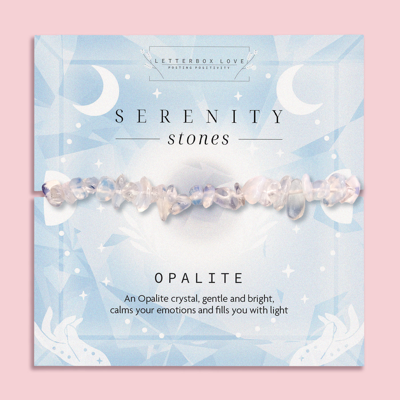 An Opalite crystal chip bracelet with smooth opalite beads on a celestial-themed card, offering good energy, calmness, and emotional healing. Perfect gift for mindfulness, spiritual wellness, and crystal healing enthusiasts