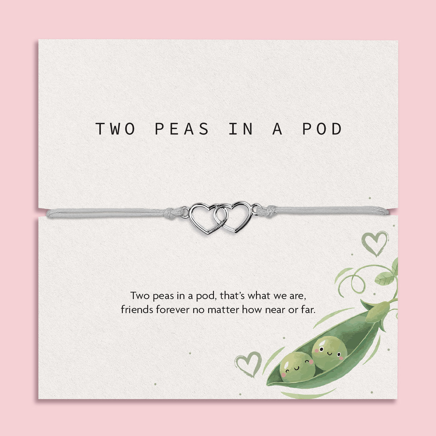 Two Peas in a Pod friendship bracelet with double heart charm on adjustable grey cord, sentimental best friend gift displayed on illustrated keepsake card.