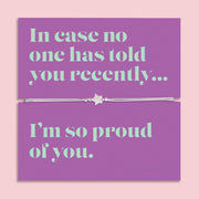 Friendship bracelet with a silver star charm on an adjustable cord, displayed on a purple card reading “In case no one has told you recently… I’m so proud of you” — an encouraging bracelet for a friend and meaningful friendship gift by Letterbox Love.