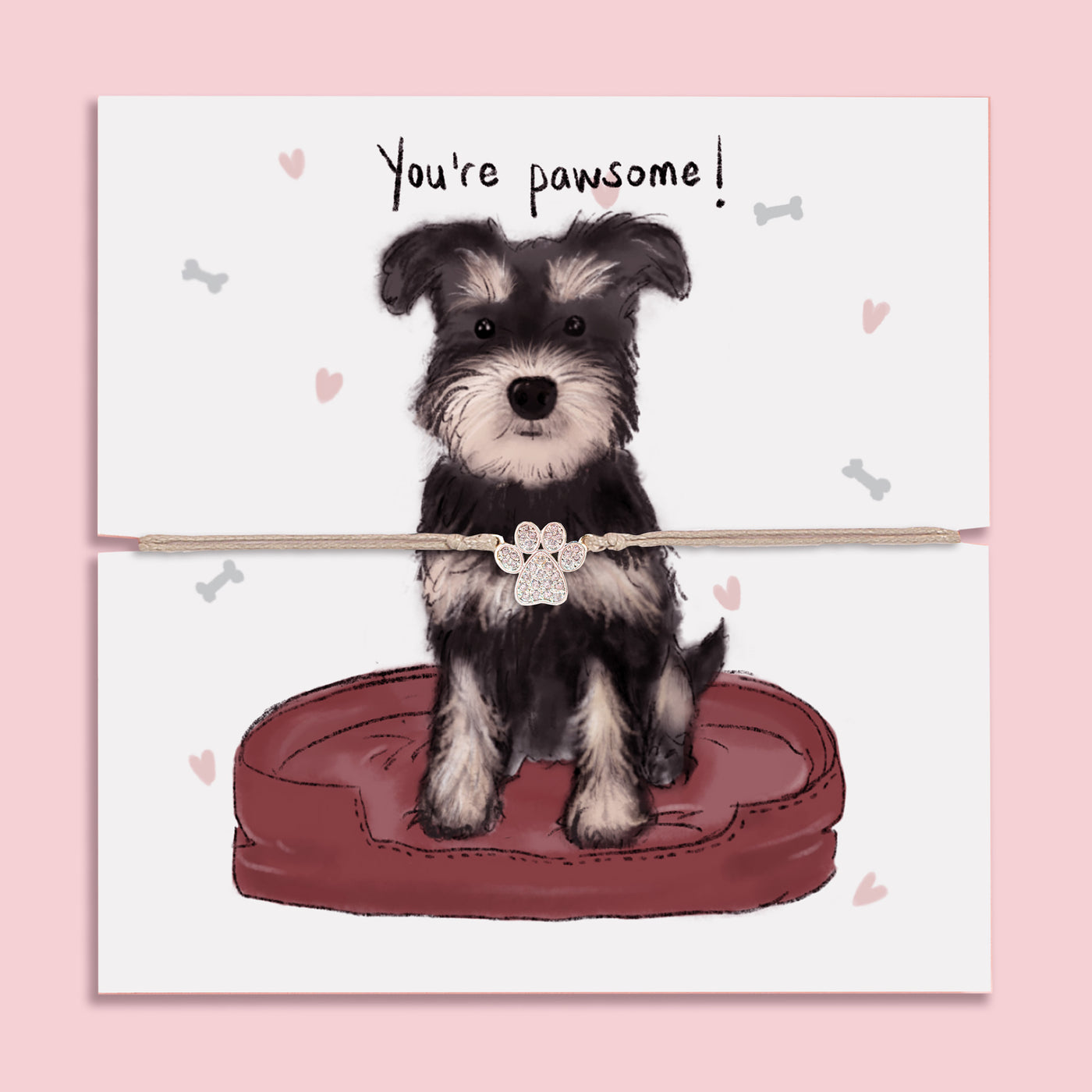 Cute paw print bracelet gift displayed on illustrated card with Schnauzer dog and 'You're pawsome!' message – perfect for dog lovers and animal-themed jewellery gifts.