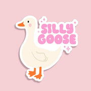 a pink background with a cute goose illustration and text reading 'silly goose' 