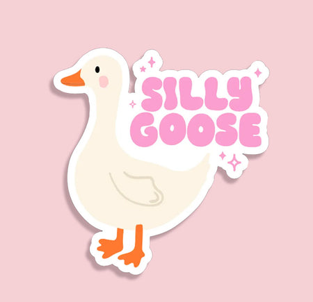 a pink background with a cute goose illustration and text reading 'silly goose' 