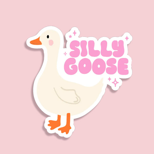 a pink background with a cute goose illustration and text reading 'silly goose' 