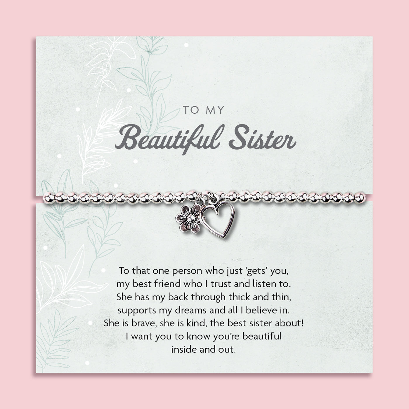 Silver beaded bracelet with heart and flower charms, displayed in a white gift box alongside a card titled 