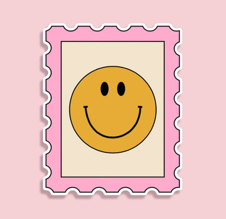 Smiley face design with a pink border on a pink background