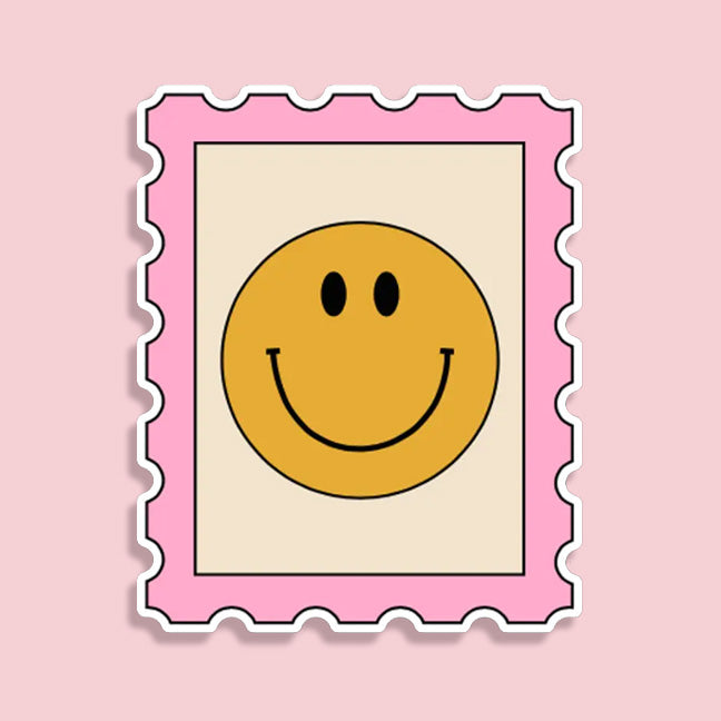 Smiley face design with a pink border on a pink background