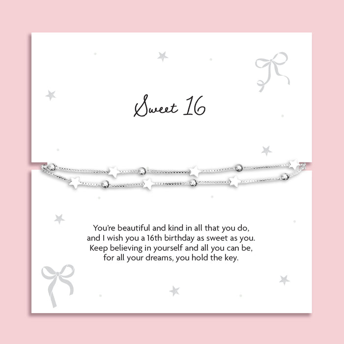 Silver plated double-layer bracelet with star charms and silver bead detailing displayed on a Sweet 16 sentiment card with birthday poem, meaningful 16th birthday gift and keepsake jewellery for a teenage girl.
