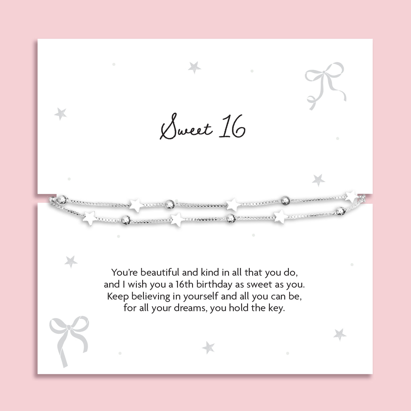 Silver plated double-layer bracelet with star charms and silver bead detailing displayed on a Sweet 16 sentiment card with birthday poem, meaningful 16th birthday gift and keepsake jewellery for a teenage girl.