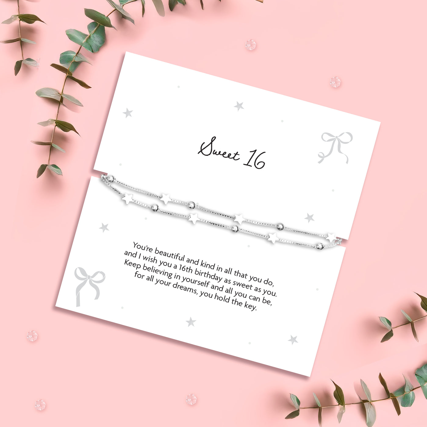 Silver-plated bracelet on a 'Sweet 16' card with decorative elements on a pink background. A heartfelt gift to celebrate a teenager's 16th birthday.