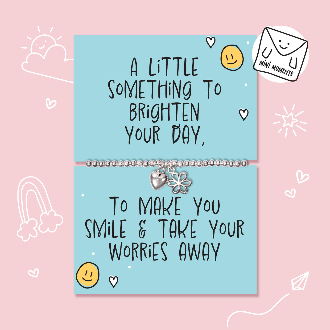 A silver charm bracelet displayed on a light blue cards with handwritten-style positive quote, set against a pink background with simple doodle illustrations.