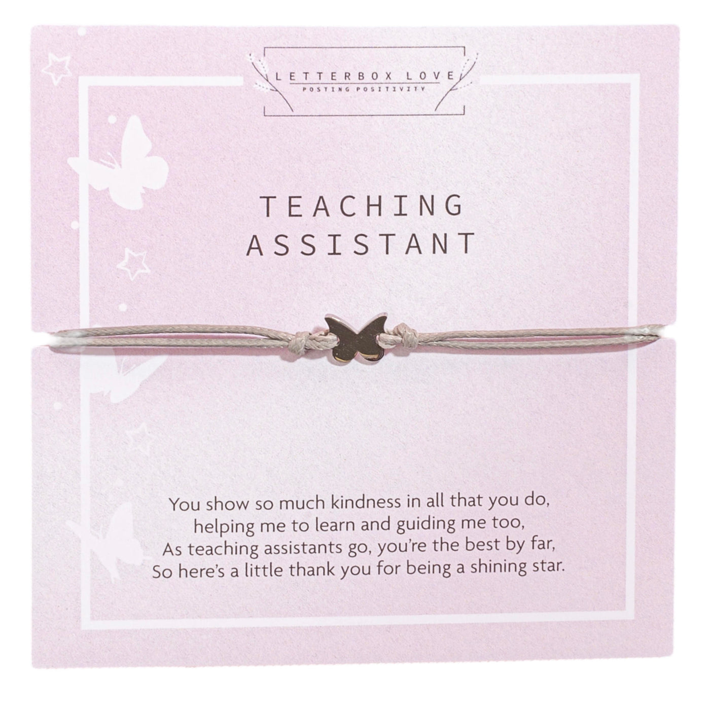 Letterbox Love bracelet for a Teaching Assistant, featuring a silver butterfly charm on a grey cord, displayed on a pink card with a heartfelt thank-you poem.