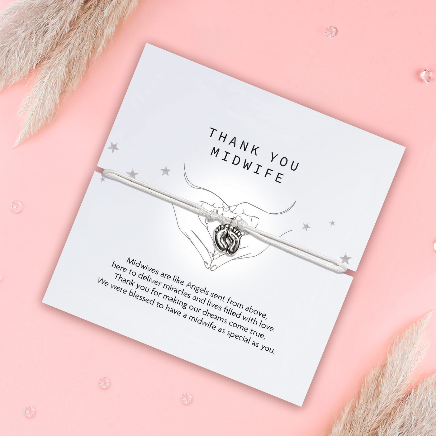 pink background with 'thank you midwife' poem card and a baby feet bracelet charm