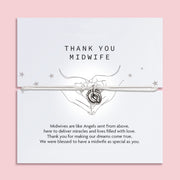 Card with 'Thank You Midwife' message and footprints design on a light pink background