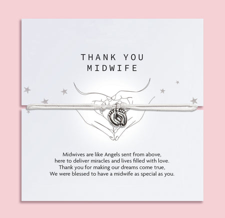 Card with 'Thank You Midwife' message and footprints design on a light pink background