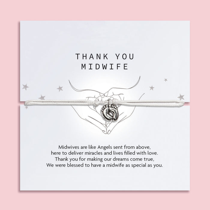 Card with 'Thank You Midwife' message and footprints design on a light pink background