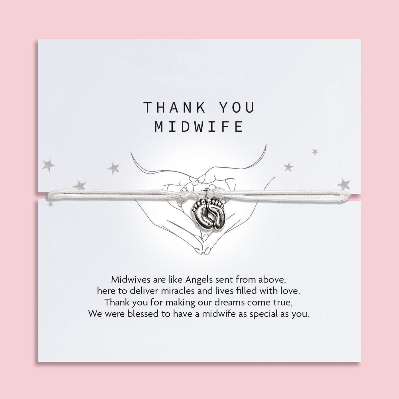 Card with 'Thank You Midwife' message and footprints design on a light pink background