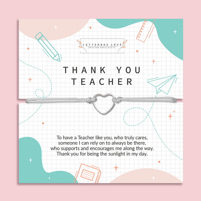 Appreciative 'Thank You Teacher' card on a soft pink background, adorned with geometric and school-related illustrations. The card features heartfelt gratitude text and is accompanied by a delicate bracelet with a heart charm.